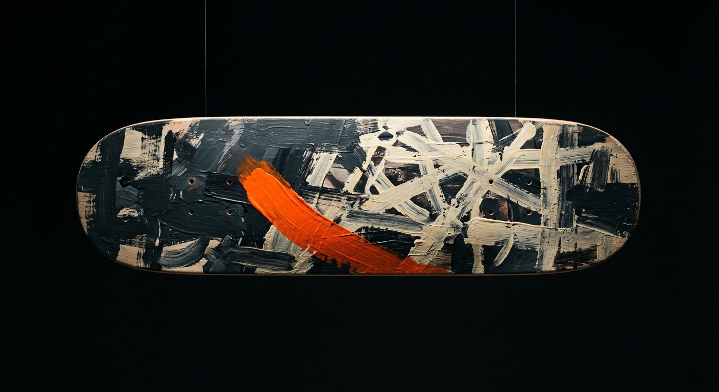 A hand-painted Numa deck in black, grey and white with a single orange brushstroke, hanging against black