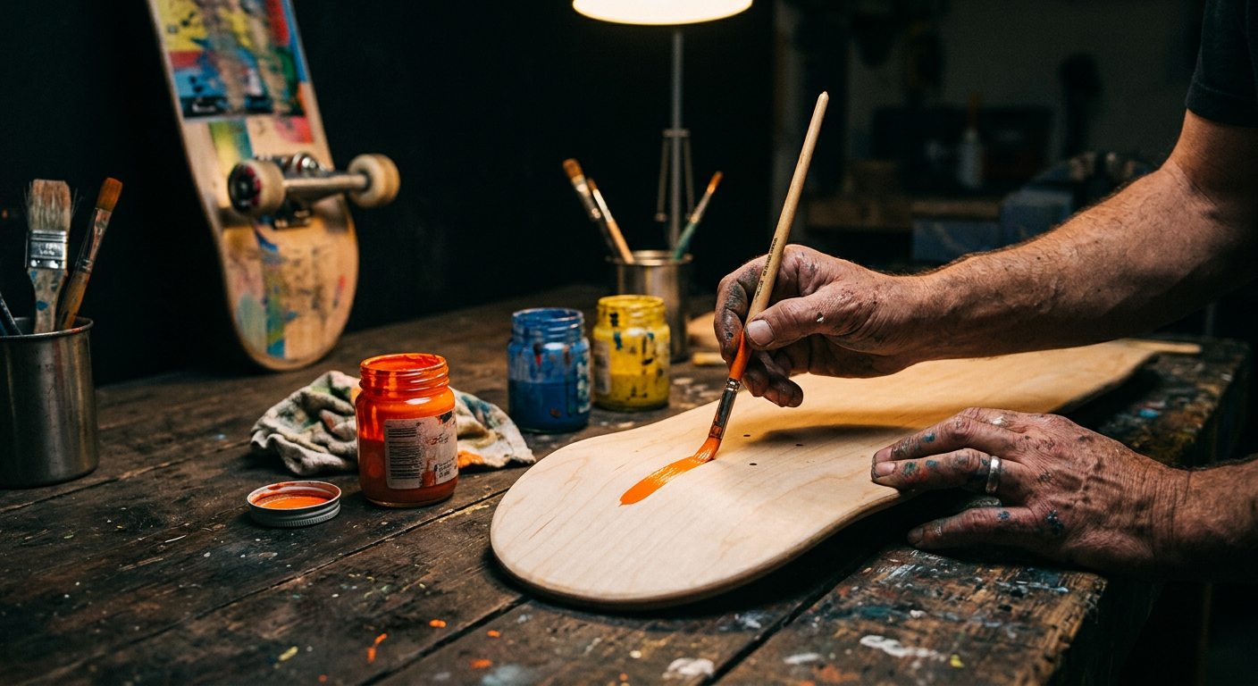 A founder's hand painting an orange brushstroke onto a bare wooden skateboard deck at a workshop bench