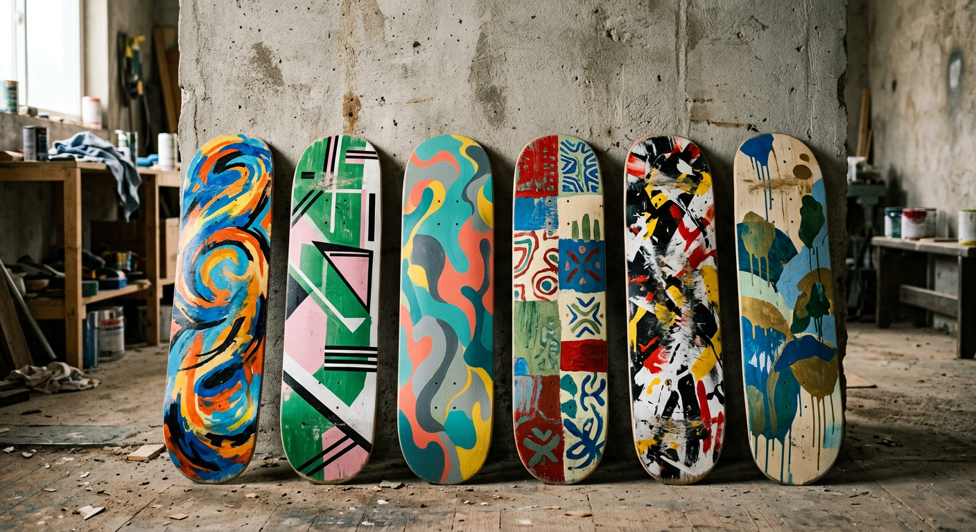 Six freshly painted decks in different colours leaning in a row against a concrete wall in the workshop