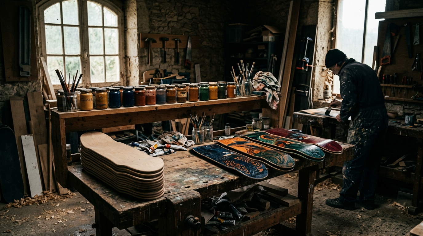 A stone workshop with jars of paint lined up, a stack of bare decks, and six freshly painted decks drying on the bench